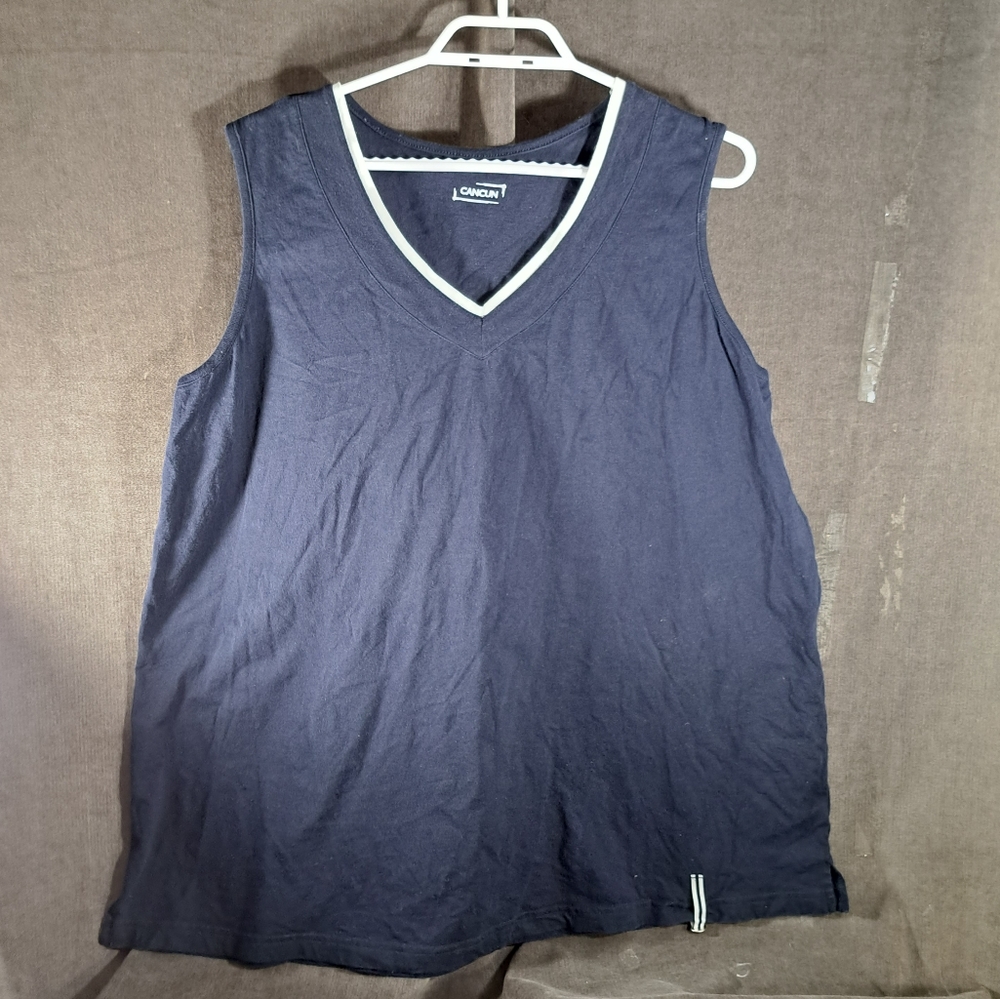Addition Elle Cancun Navy Blue Sleeveless Tank Top White Trim Accent VG 2X